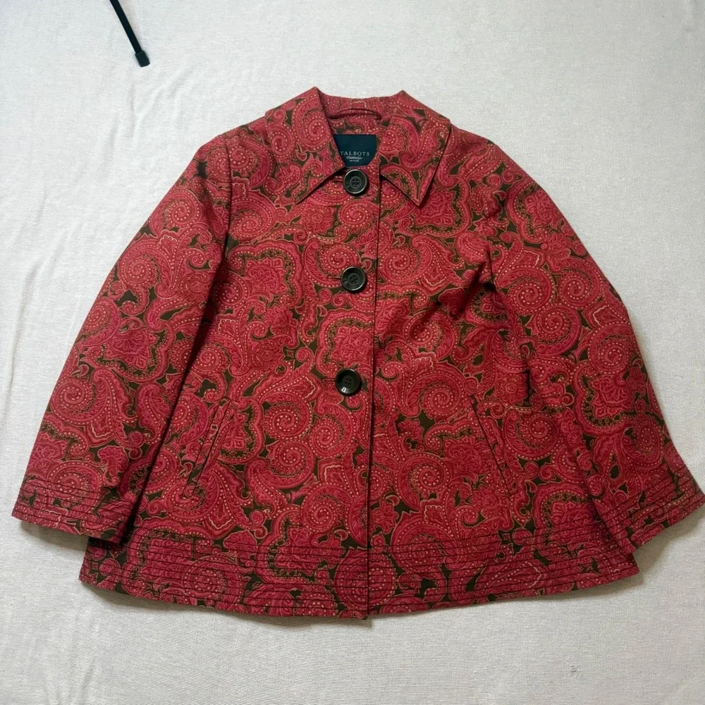 Talbots Paisley Button Front Jacket Women Petite Red Swing Coat